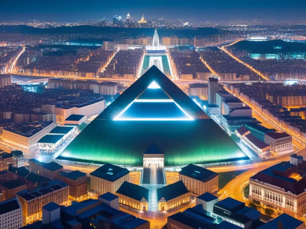 Un enigmático paisaje urbano nocturno con una trama geométrica de edificios iluminados, reflejando la influencia de los Illuminati en películas