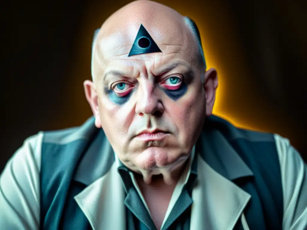 El enigmático y penetrante mirar de Aleister Crowley, revelando los secretos de Aleister Crowley Illuminati con misteriosa intensidad