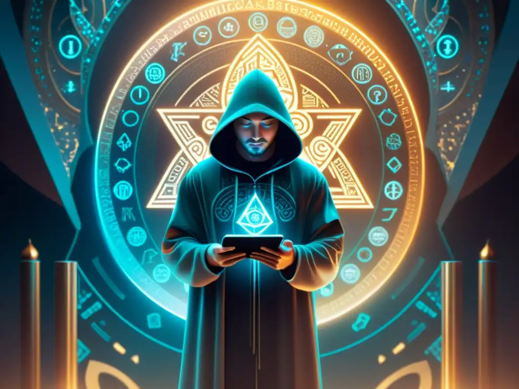 Misterioso criptoart digital con figura encapuchada y símbolos esotéricos Un enigmático personaje capta simbolismos esotéricos criptomonedas moderno en un altar futurista