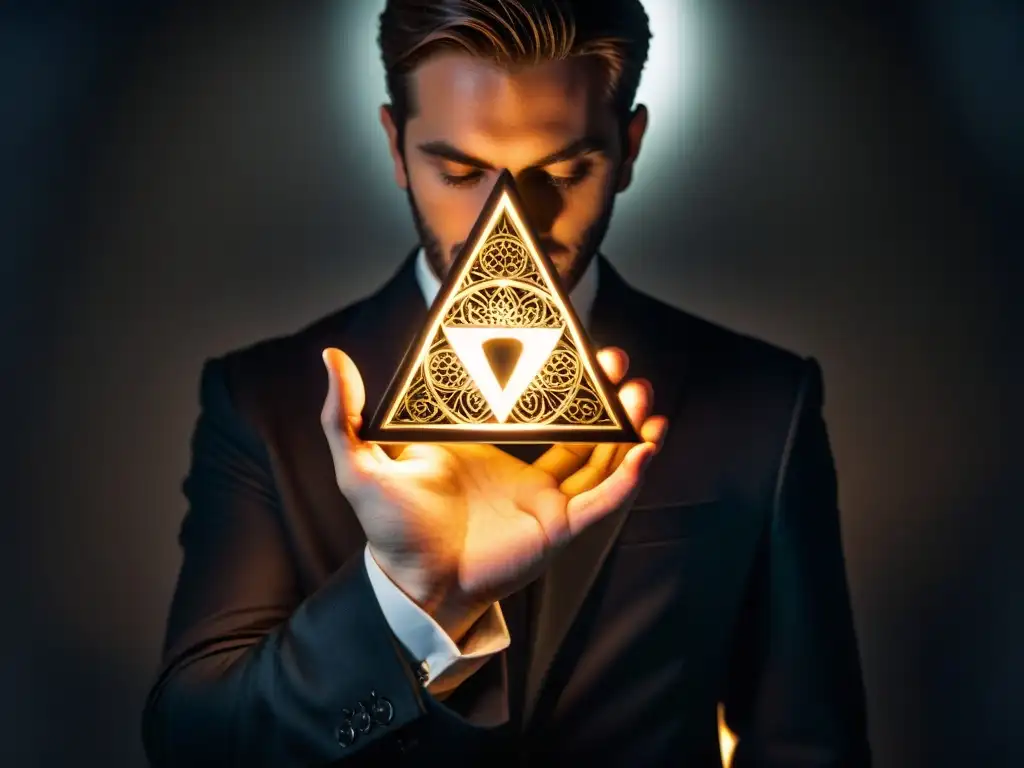 Un enigmático personaje en traje oscuro sostiene un símbolo iluminado, evocando la influencia de los Illuminati en Hollywood