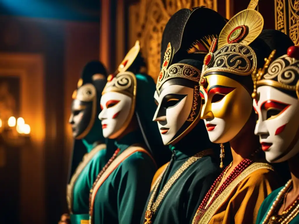 Misterioso ritual enmascarado: detalles cautivadores Enigmático ritual secreto de sociedades de influencia con máscaras y trajes tradicionales detallados en cámara cercana