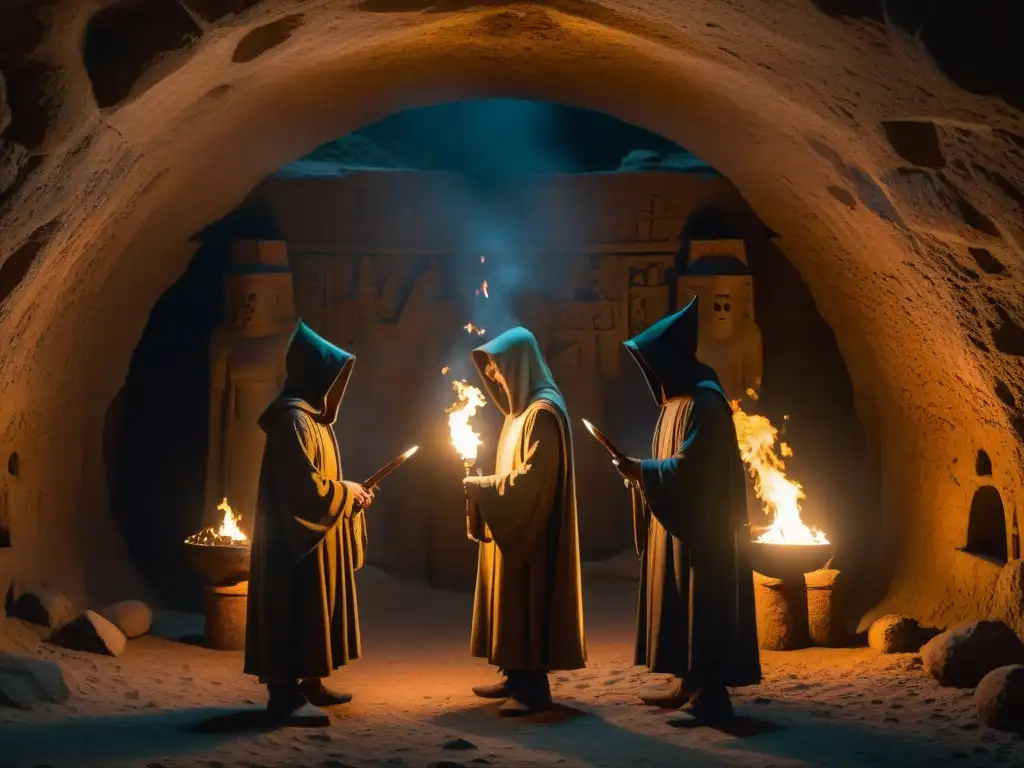 Misterioso ritual en cámara subterránea Enigmático ritual de una sociedad secreta en cámara subterránea iluminada con antorchas