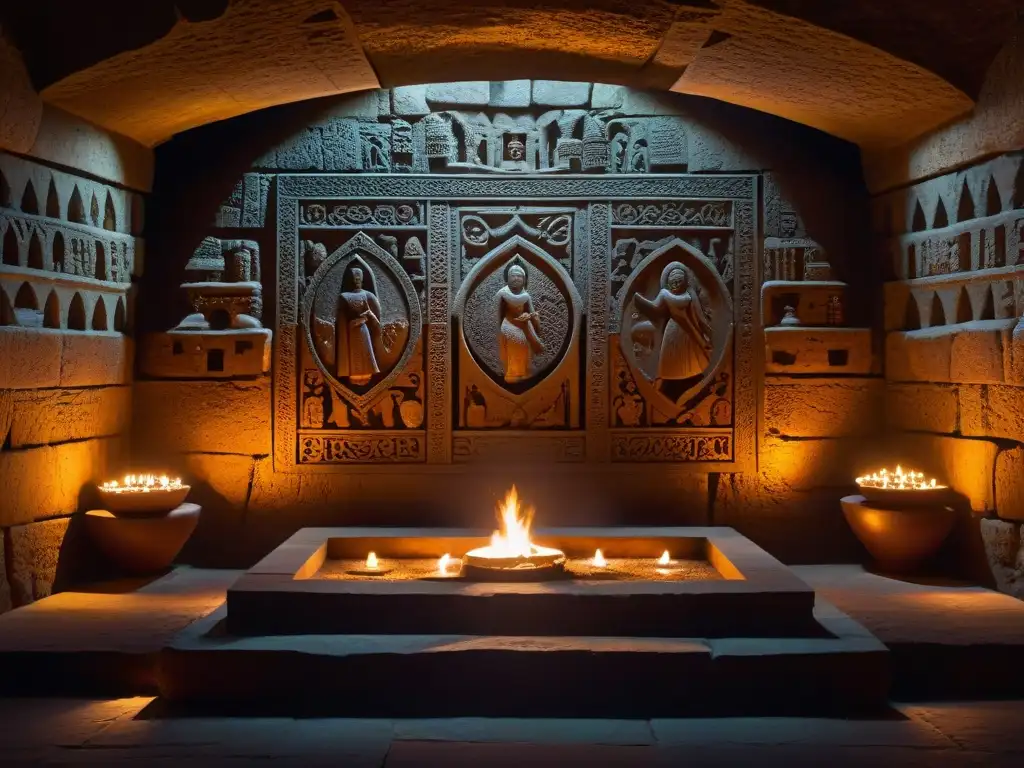 Enigmático ritual de la Sociedad Thule en cámara subterránea con símbolos antiguos y figuras misteriosas