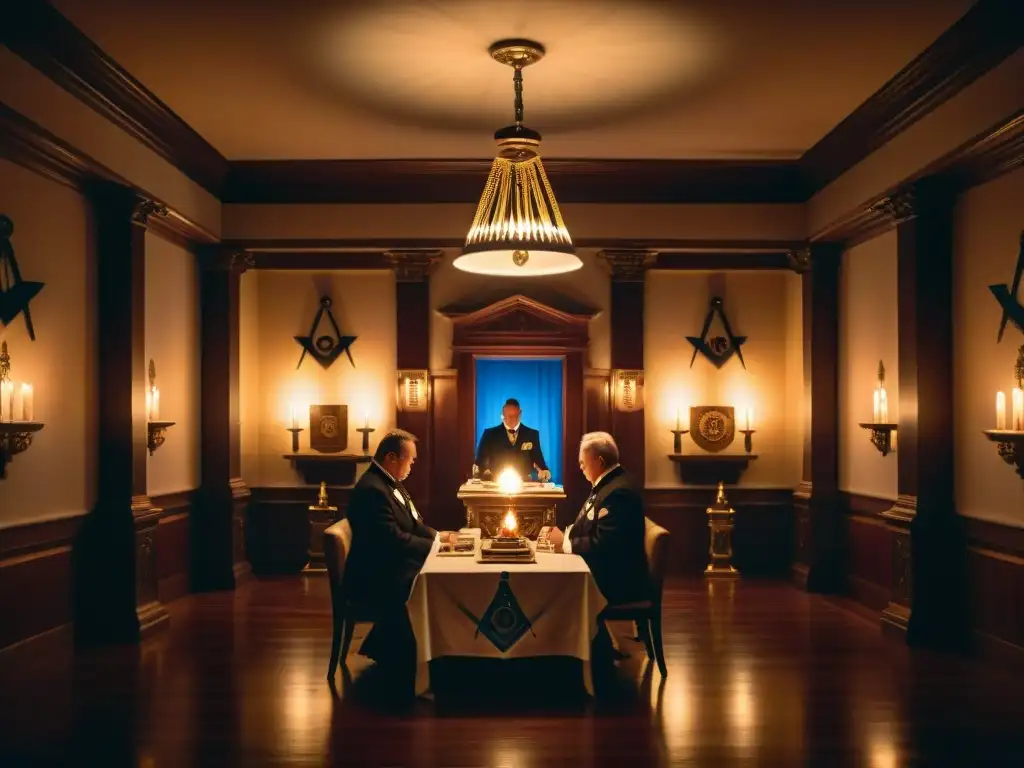 Enigmático ritual masonería: sala llena de símbolos, artefactos antiguos y documentos secretos
