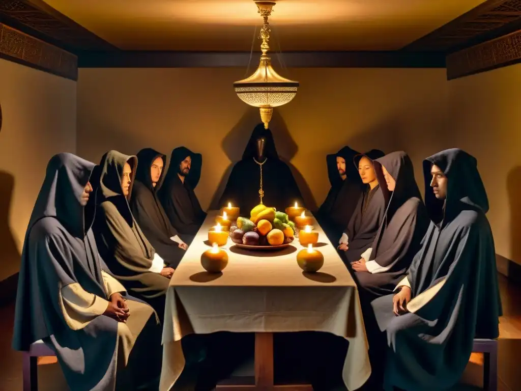 Enigmáticos rituales Illuminati para longevidad en una sala misteriosa y sombría, con figuras encapuchadas y mesa decorada