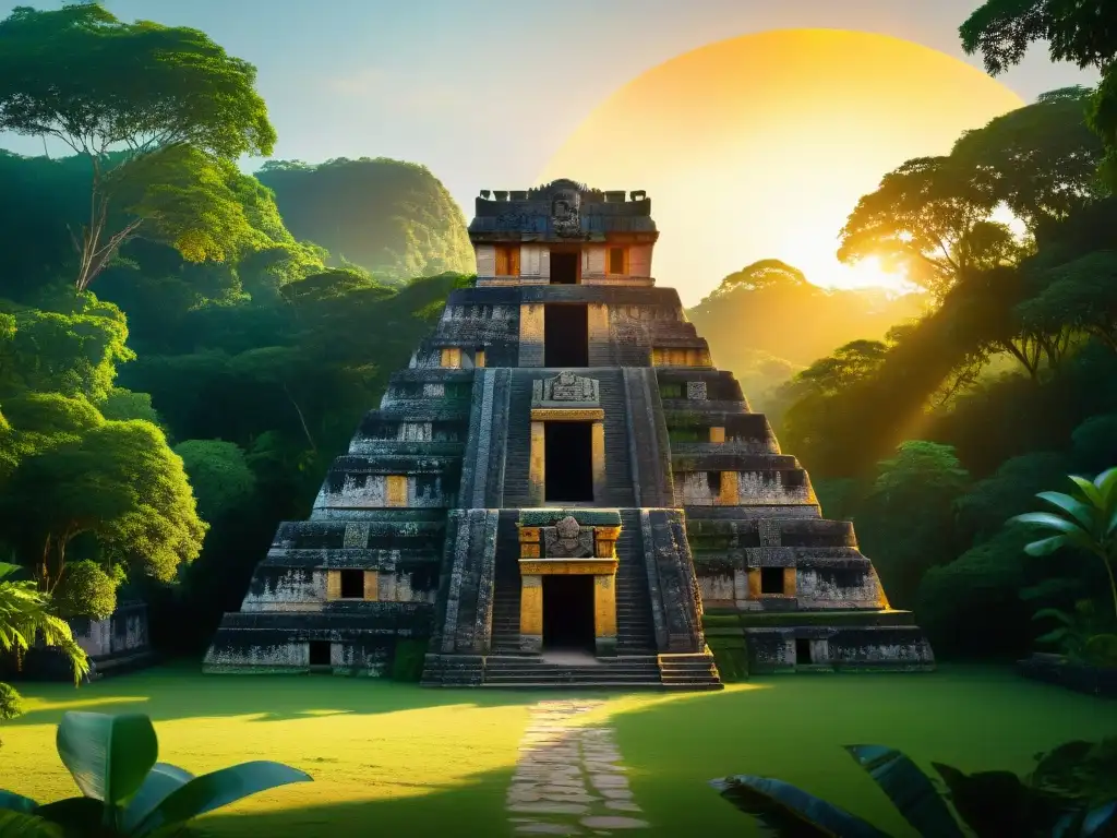 Descubre las enseñanzas ocultas del Popol Vuh en un templo maya rodeado de exuberante jungla, con intrincadas esculturas y jeroglíficos en sus paredes