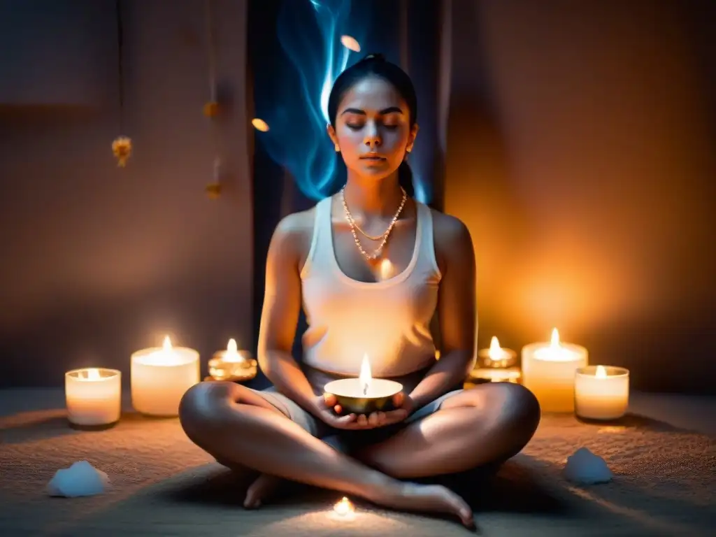 Meditación en entorno esotérico con velas, cristales e incienso, simbolizando la ascensión de la Kundalini