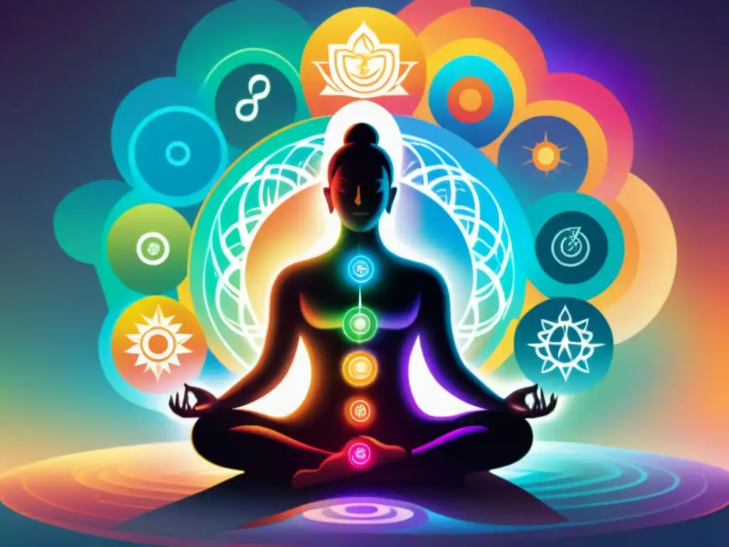 Meditación en entorno sereno con chakras alineados, energía vibrante y símbolos de criptomonedas, simbolizando éxito financiero