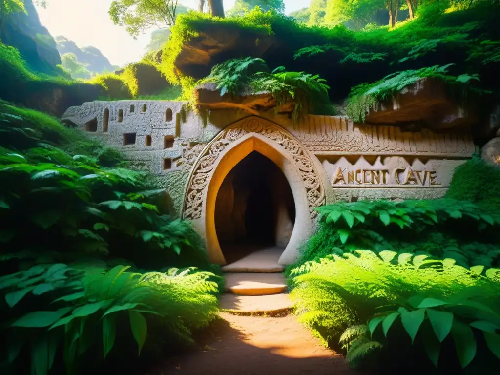 Entrada misteriosa a cueva antigua en bosque exuberante, con carvings iluminados, árboles altos y raíces entrelazadas