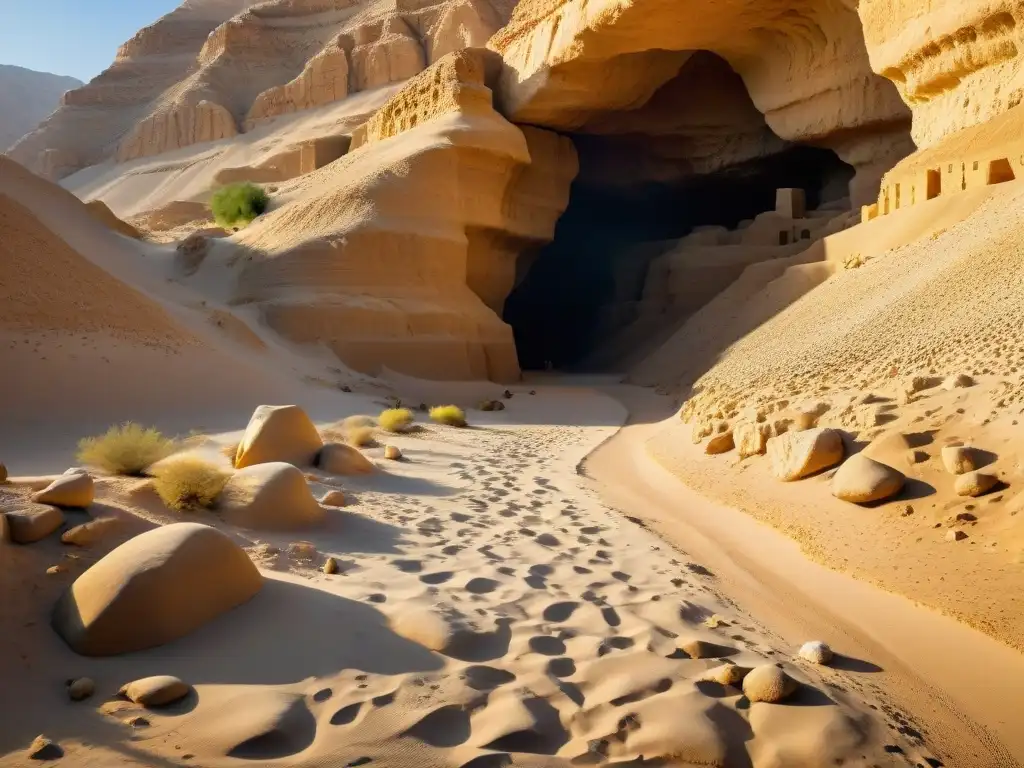 Misterios ancestrales: entrada a cueva en desierto de Qumran Entrada misteriosa de cueva en Qumrán, revelando secretos y sombras en el desierto