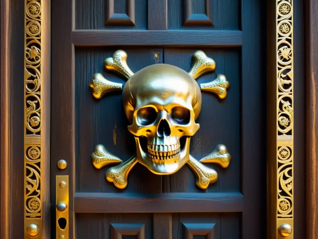 Entrada secreta de la sociedad Skull and Bones: puerta de madera desgastada con tallados de calaveras y huesos, iluminada por antorcha