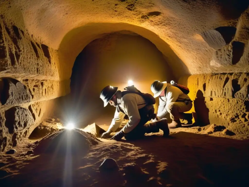 Equipo de arqueólogos iluminando cámara subterránea con símbolos de los Misterios Caballeros Templarios Tesoro