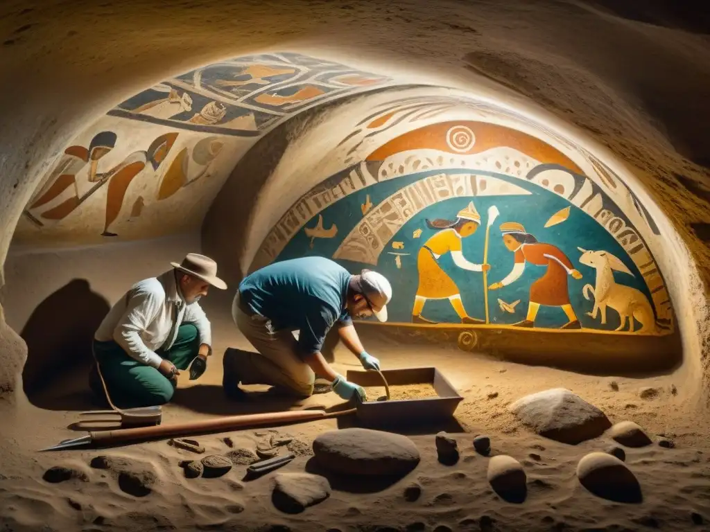 Un equipo de arqueólogos descubre un fresco antiguo con patrones y figuras simbólicas en una cámara subterránea