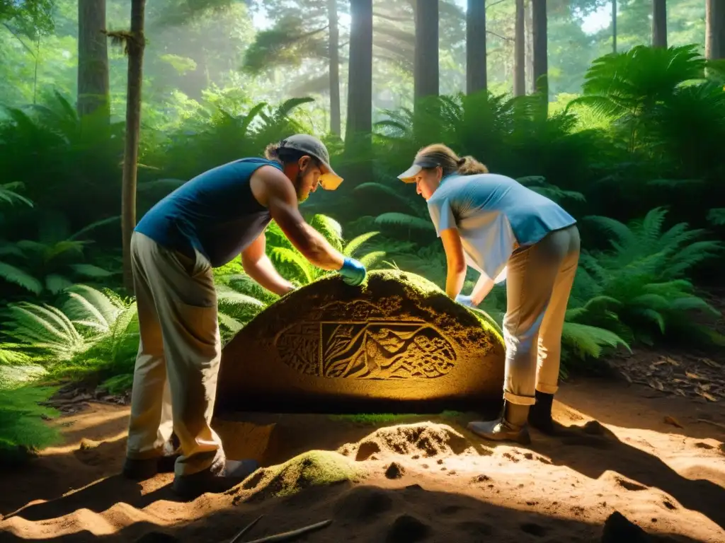 Equipo de arqueólogos descubriendo un misterioso artefacto en Oak Island, rodeados de vegetación exuberante y luz filtrada entre los árboles