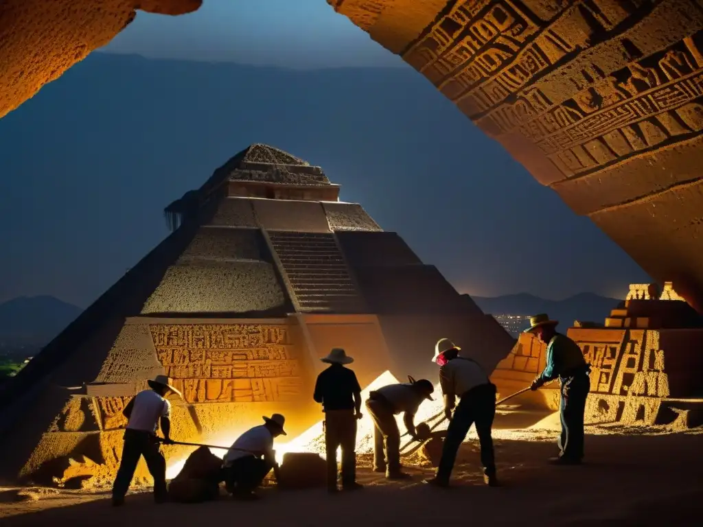 Equipo de arqueólogos descubriendo secretos arquitectónicos en Teotihuacán, sociedad secreta