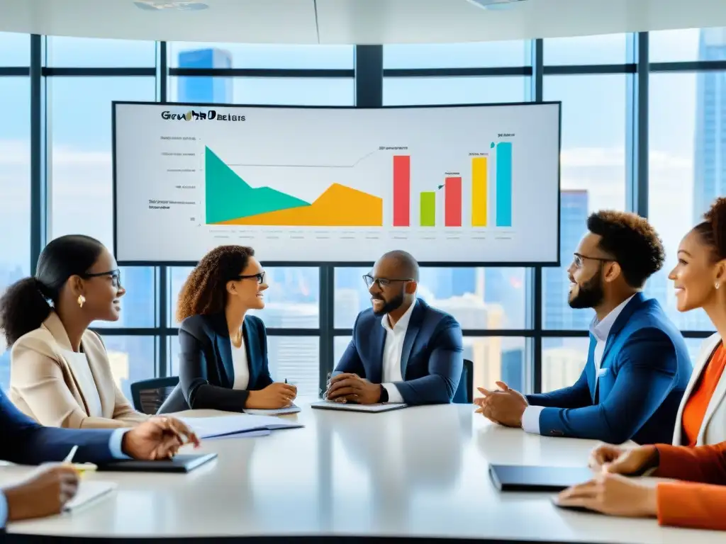 Reunión estratégica de negocios con diversidad y colaboración Equipo diverso en reunión estratégica, analizando gráficos en laptop