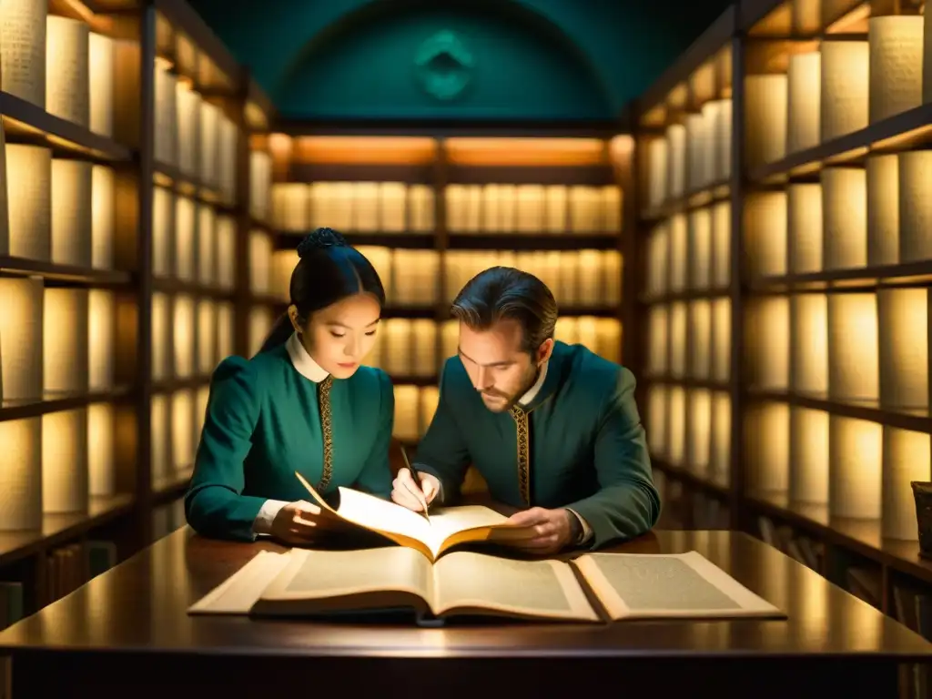 Equipo de investigadores en biblioteca antigua, desvelando secretos de sociedades