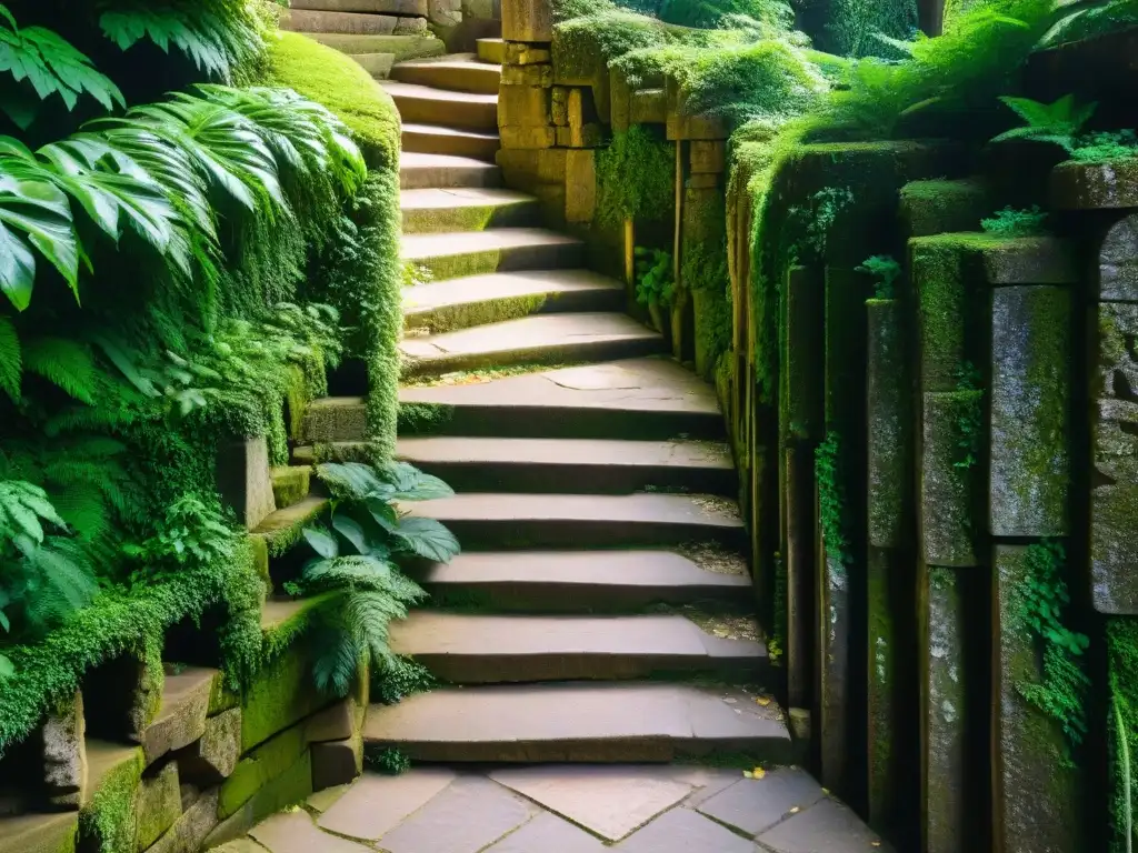 Escalera antigua de piedra con historia y misterio, rodeada de naturaleza y ruinas ancestrales