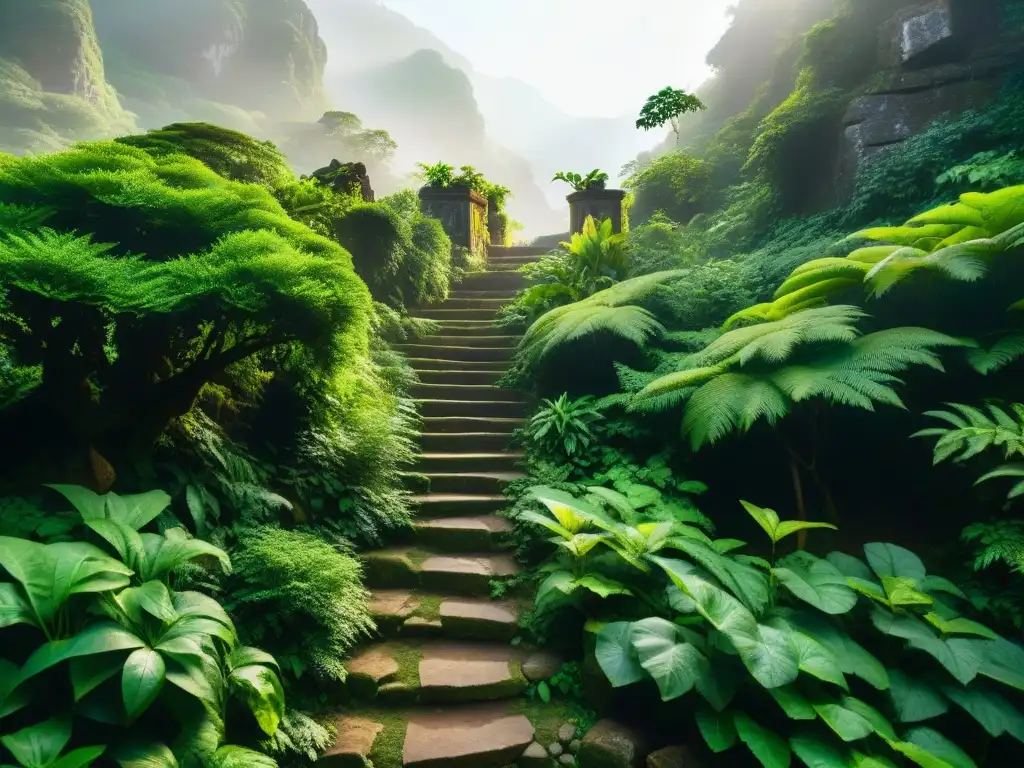 Escalera de piedra antigua rodeada de flora y fauna, con motivos religiosos