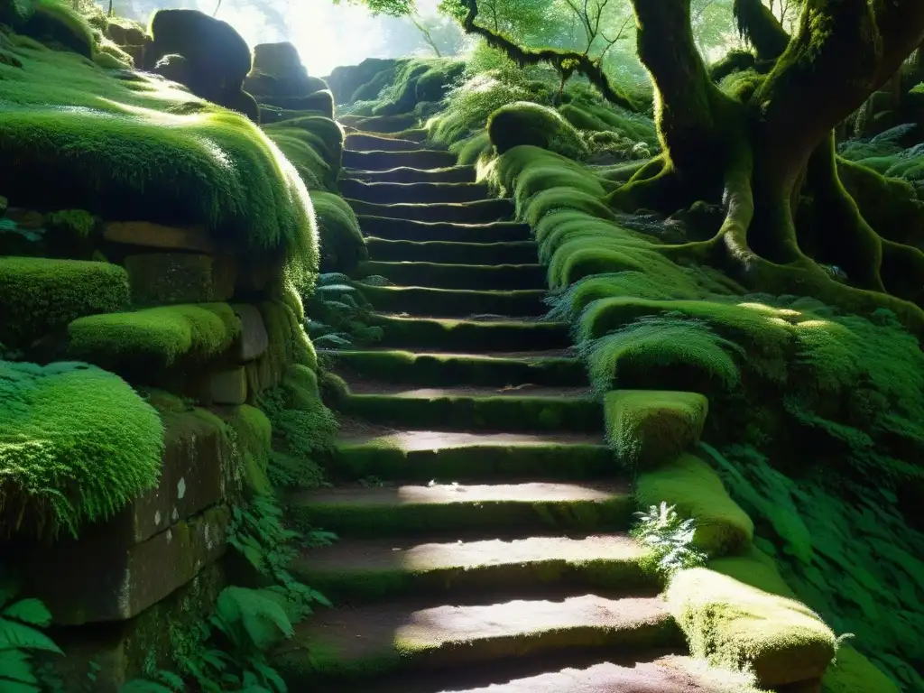 Escalera de piedra cubierta de musgo en colina verde, rodeada de árboles antiguos