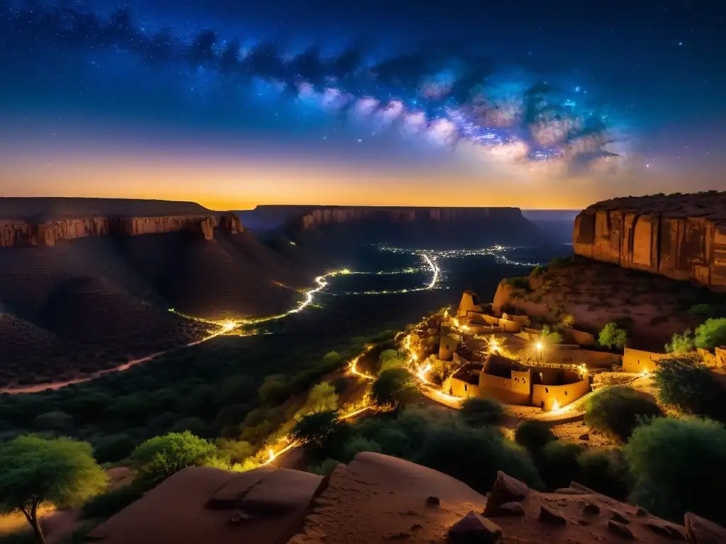 Escarpada noche estrellada sobre aldea Dogon en Mali, con la Vía Láctea y anciano mirando al cosmos