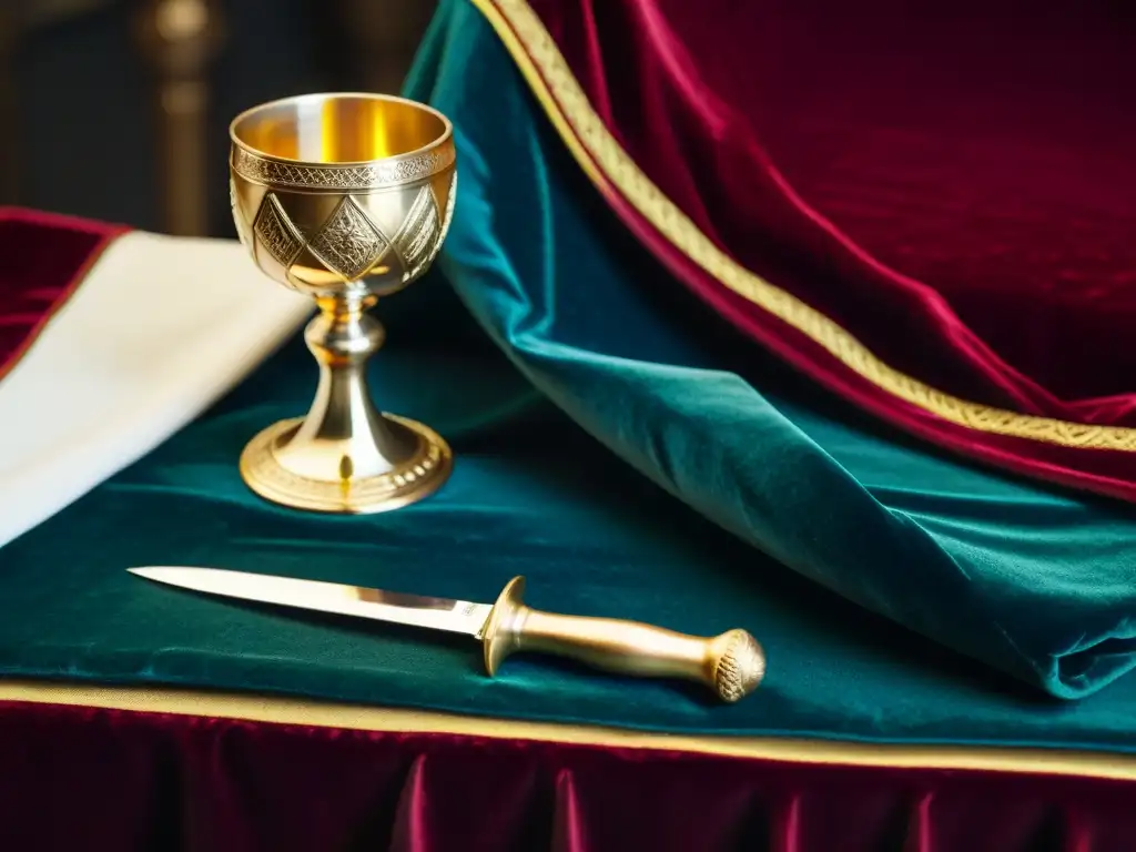 Una escena detallada de un ritual masónico en una mesa, con pan, vino y un cáliz dorado