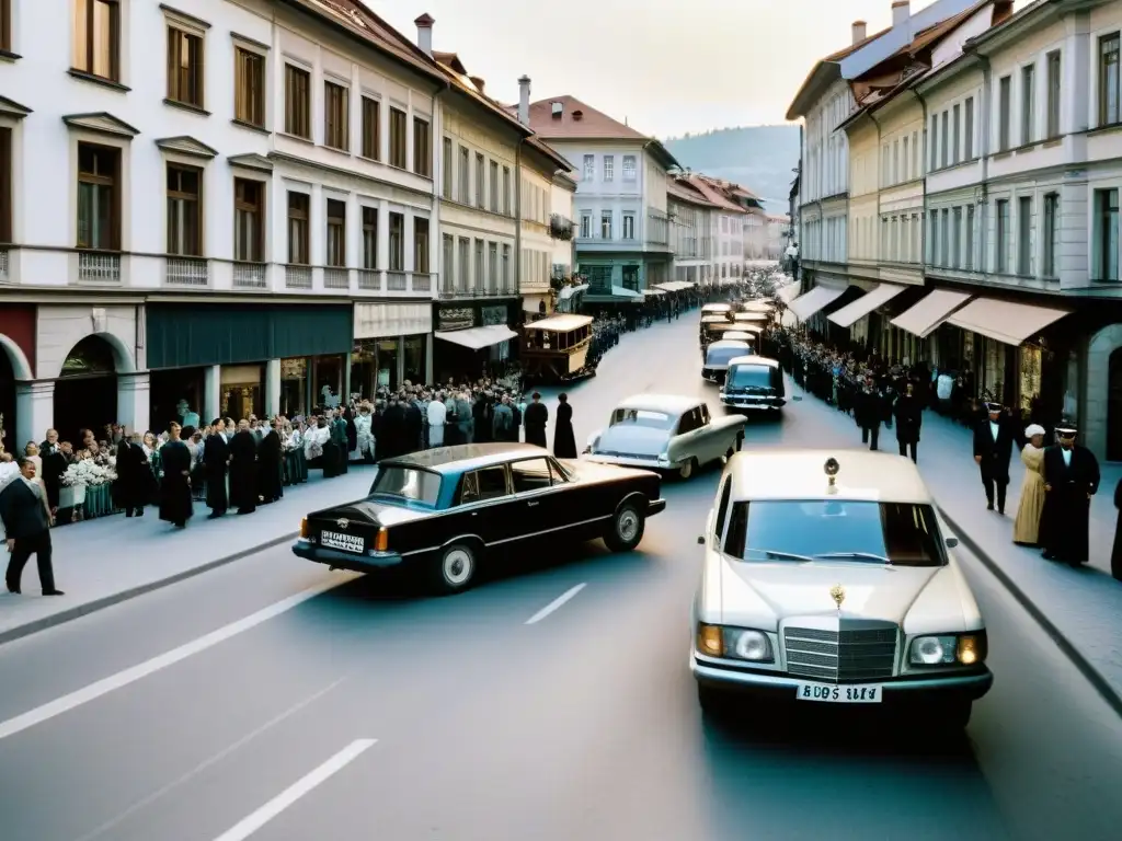 Escena documental de la Mano Negra, asesinato Franz Ferdinand, Sarajevo: calle, edificios, coche real y testigos impactados