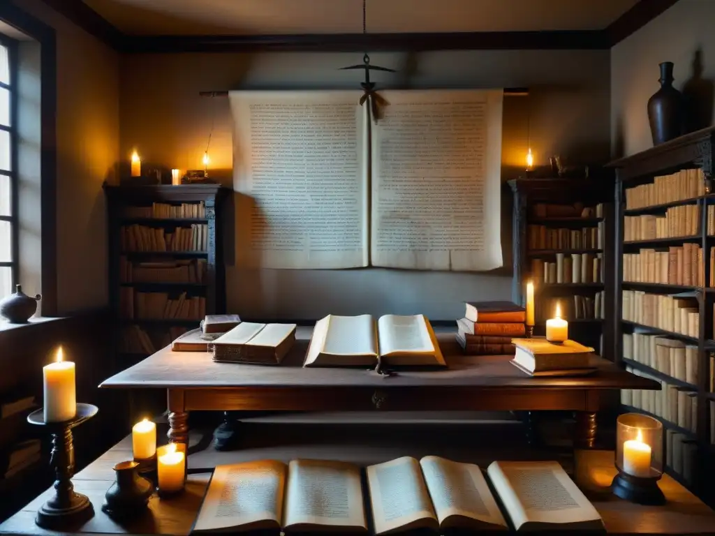 Escena enigmática de una habitación llena de libros antiguos, pergaminos polvorientos y velas titilantes, con un mapa misterioso