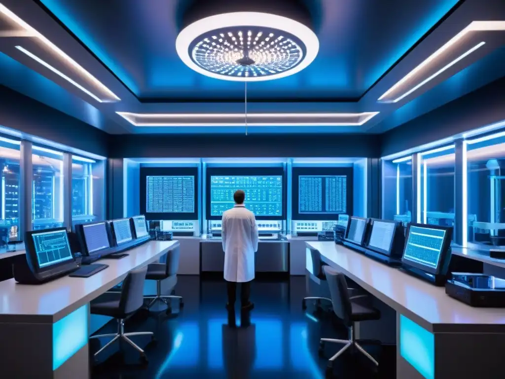 Escena futurista de laboratorio con tecnologías emergentes inmortalidad sociedades secretas