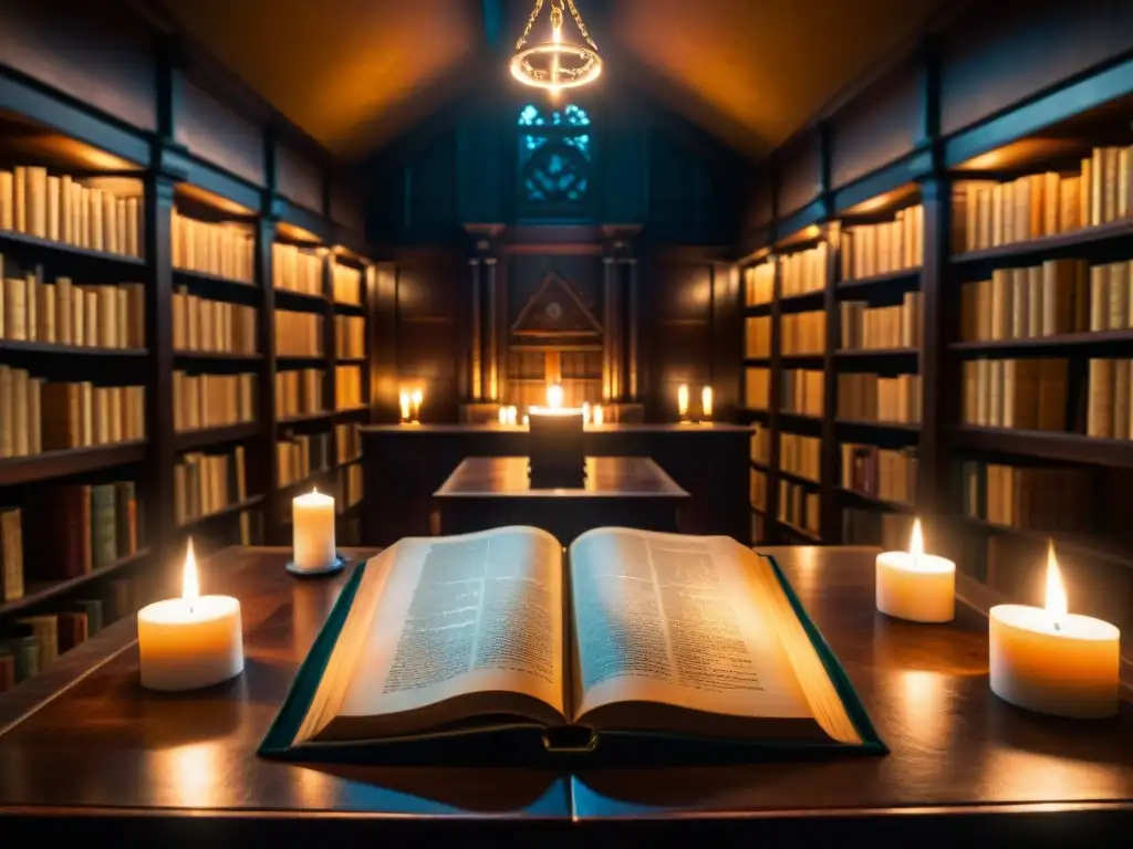 Escena intrigante en biblioteca secreta iluminada por velas, con símbolos de los Illuminati