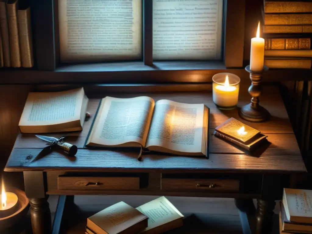 Escena intrigante en una habitación oscura llena de libros antiguos, manuscritos polvorientos y artefactos misteriosos