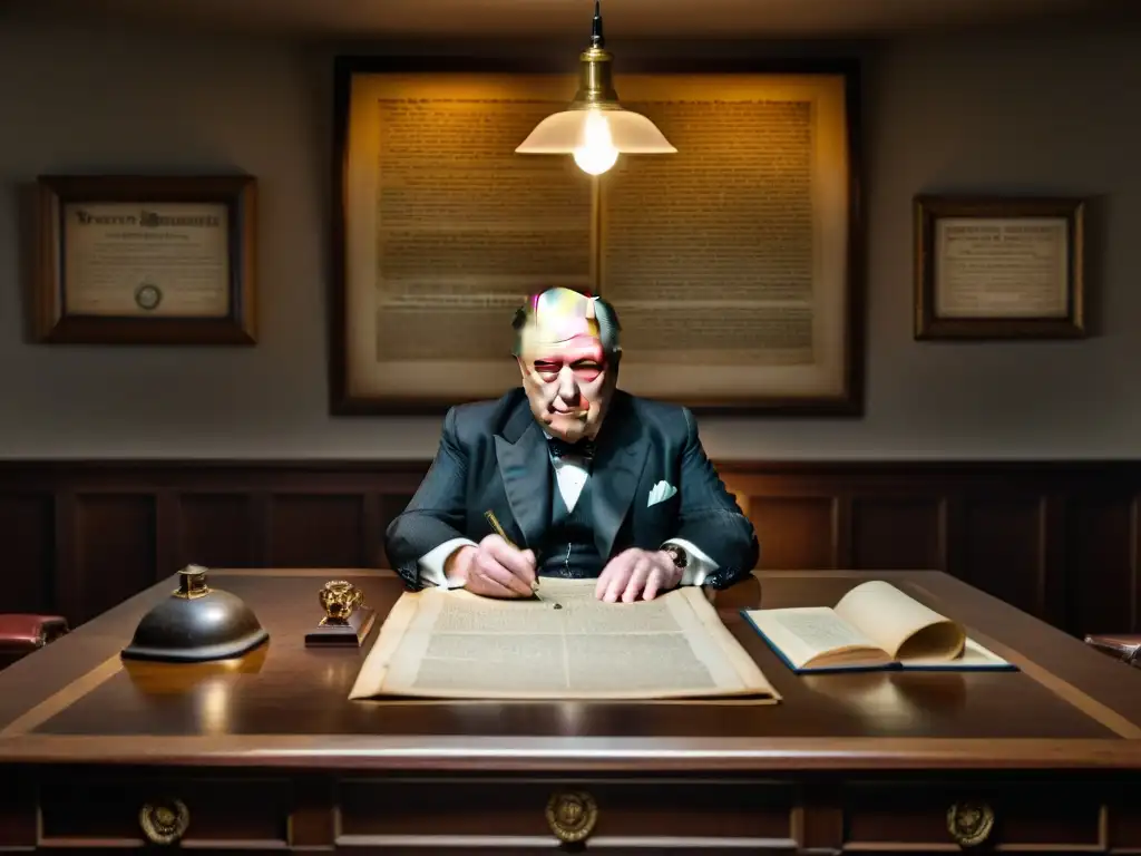 Escena intrigante: mesa de madera con documentos históricos y foto de Winston Churchill, conexión con Illuminati