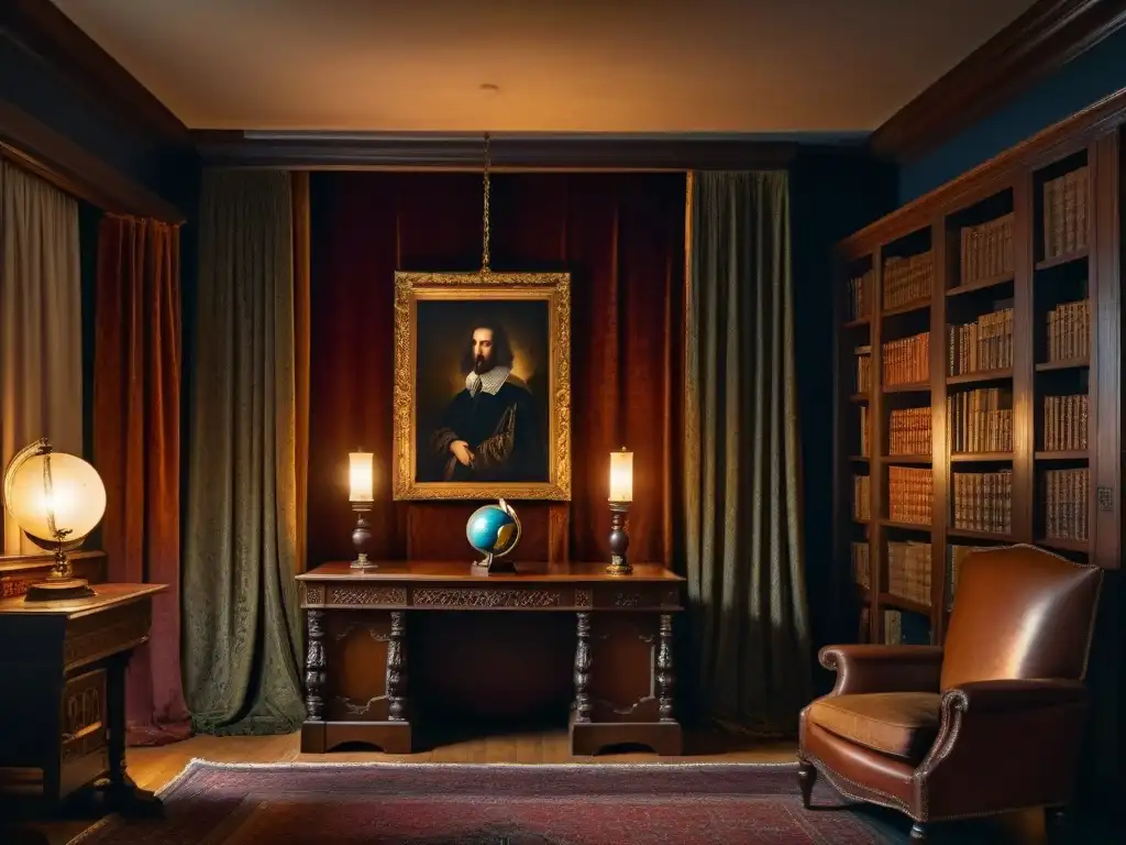 Escena intrigante: habitación con muebles de madera, estanterías llenas de libros polvorientos y un antiguo globo