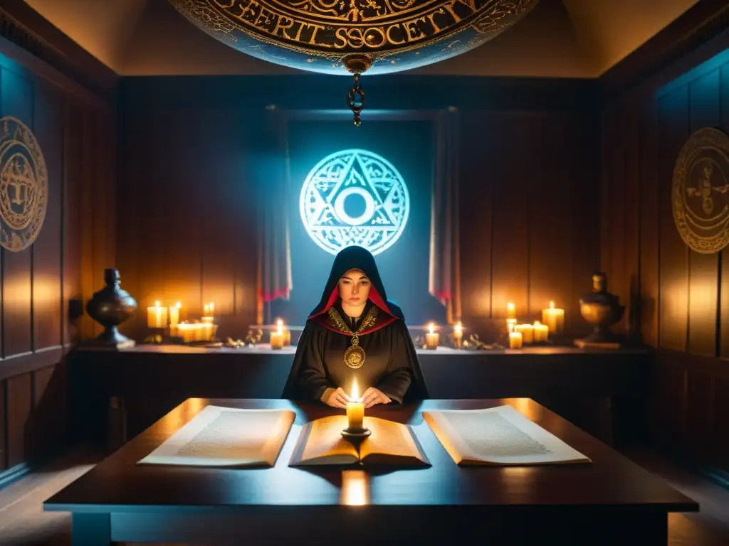 Salón secreto de la sociedad: misterio y símbolos antiguos Escena intrigante en sala de reuniones de sociedad secreta decorada, con figuras misteriosas y símbolos en mesa de madera