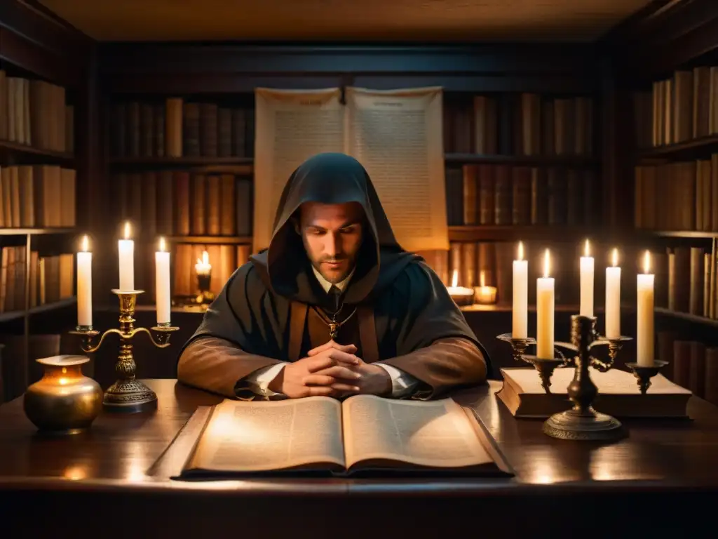 Escena intrigante de una sociedad secreta en una habitación con mesa de madera rodeada de libros antiguos, velas y artefactos misteriosos