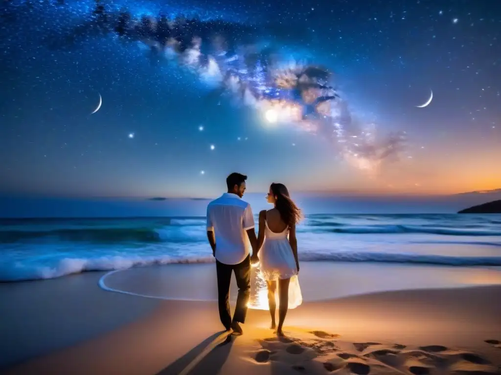 Escena mágica de playa con estrellas brillantes y luna creciente, ideal para un viaje de luna de miel astrológico