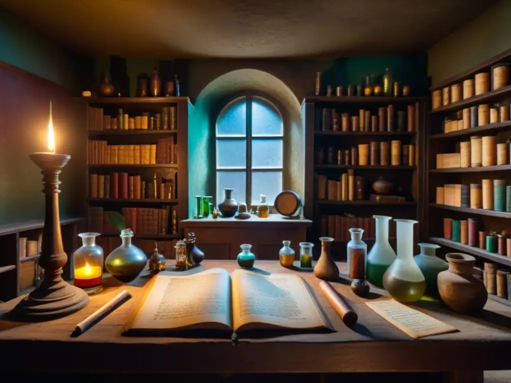 Escena misteriosa de una habitación alquímica con herramientas antiguas y manuscritos, evocando la alquimia en sociedades secretas