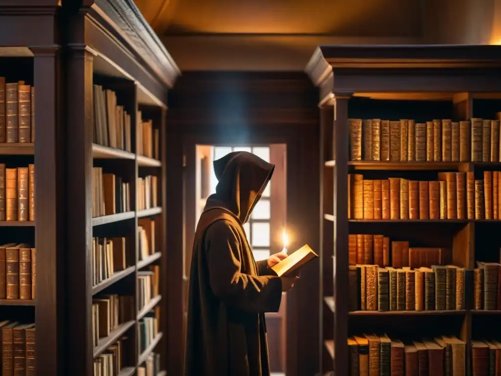 Escena misteriosa en una antigua biblioteca iluminada por una vela, con figuras y libros polvorientos