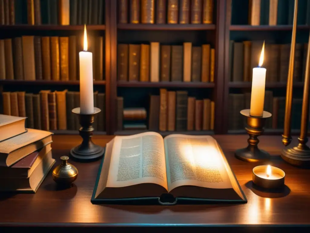 Escena misteriosa en antigua biblioteca iluminada por una vela, con símbolos esotéricos y manuscritos