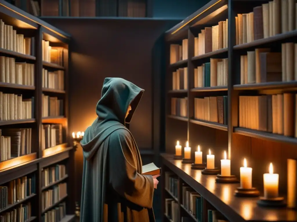 Escena misteriosa en una biblioteca antigua con libros, artefactos y luz de velas, evocando sociedades secretas en la literatura