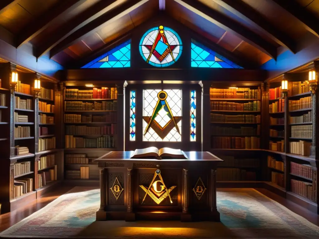 Misterioso salón masónico: historia y secreto en la biblioteca Escena misteriosa de una biblioteca con libros antiguos, estanterías polvorientas y símbolo masónico en mesa de madera