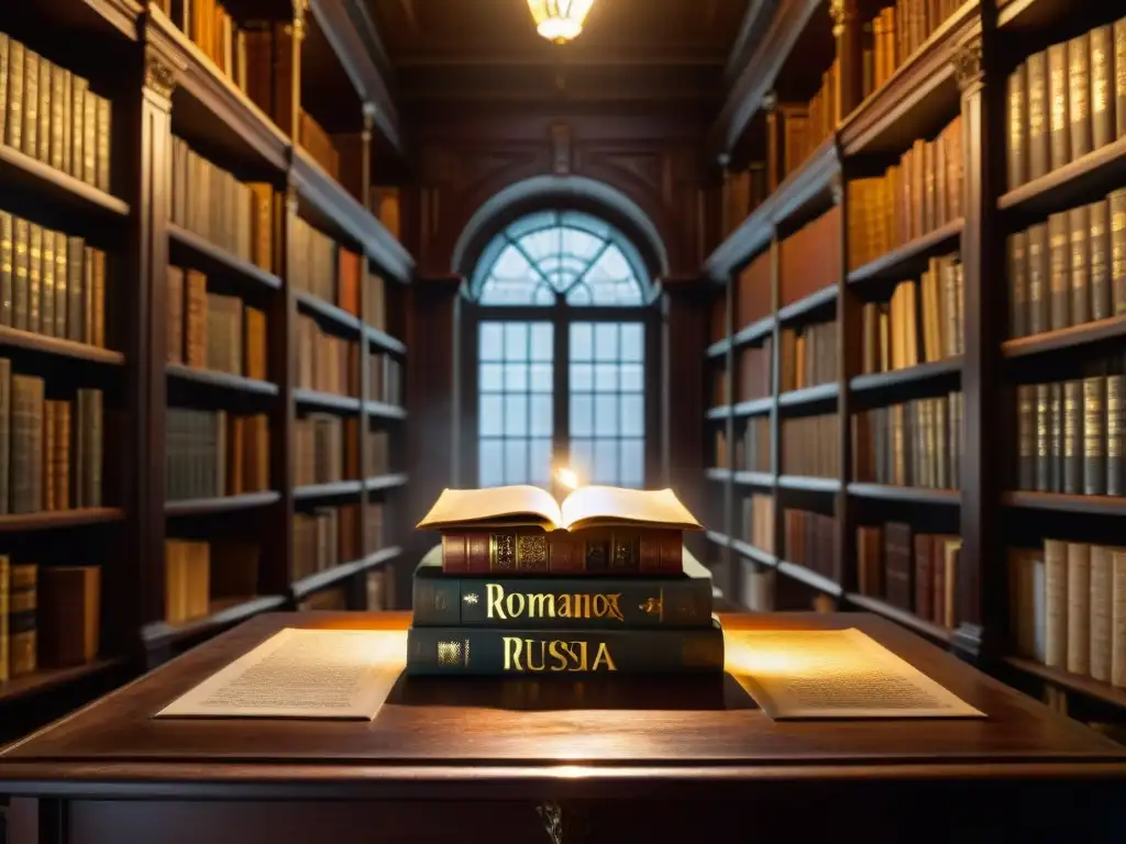 Escena misteriosa en una biblioteca repleta de secretos de la dinastía Romanov