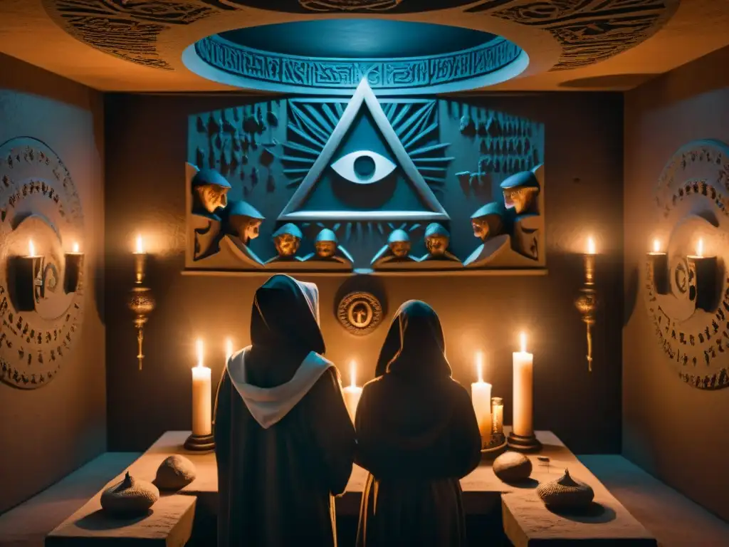 Una escena misteriosa en un búnker con figuras encapuchadas alrededor del ojo que todo lo ve