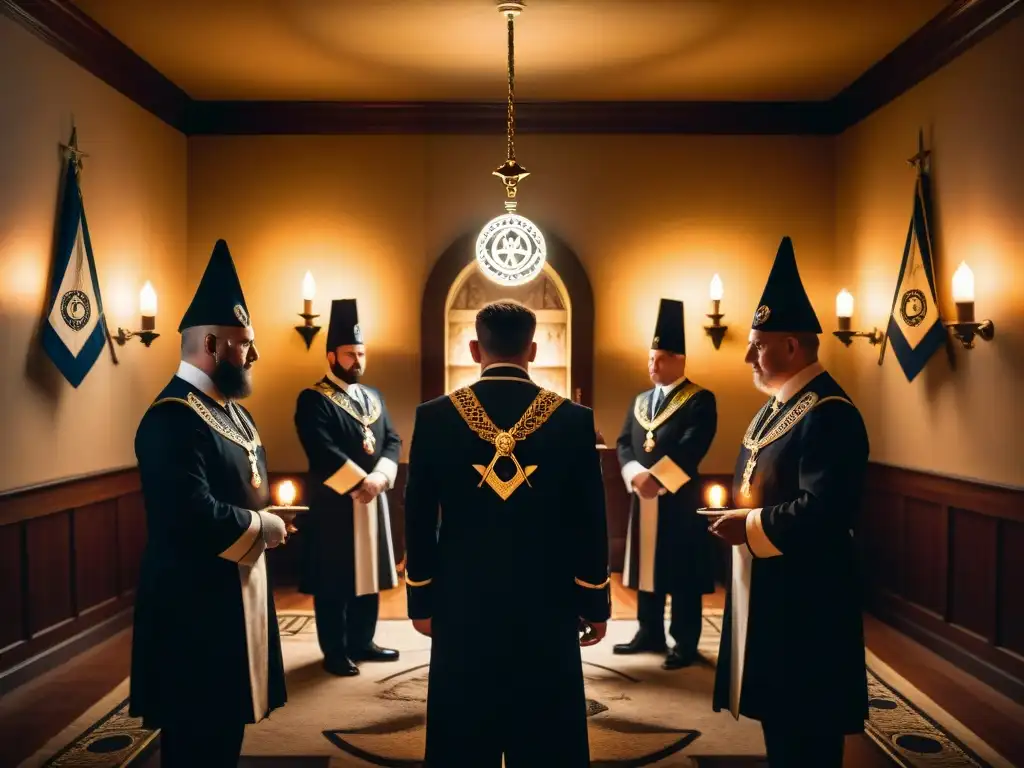 Una escena misteriosa y cargada de secretos en una logia masónica, contrastando con una ceremonia religiosa en una suntuosa catedral