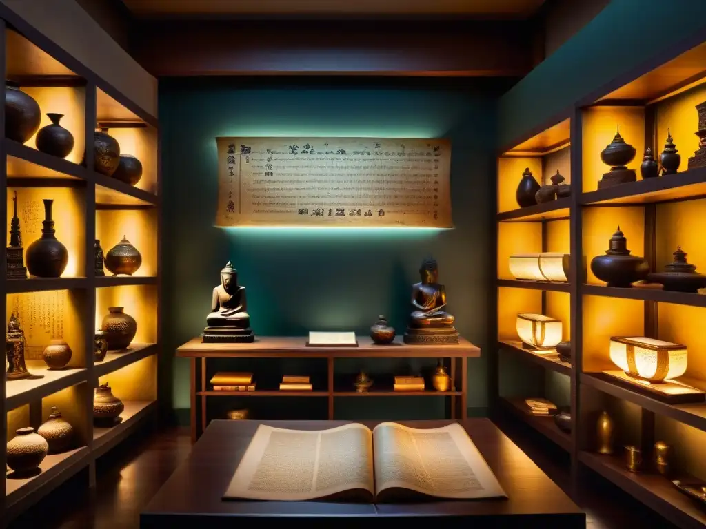 Secretos ancestrales: sala de misterio con arte asiático Escena misteriosa de una habitación con artefactos asiáticos y símbolos antiguos, evocando sociedades secretas asiáticas misteriosas