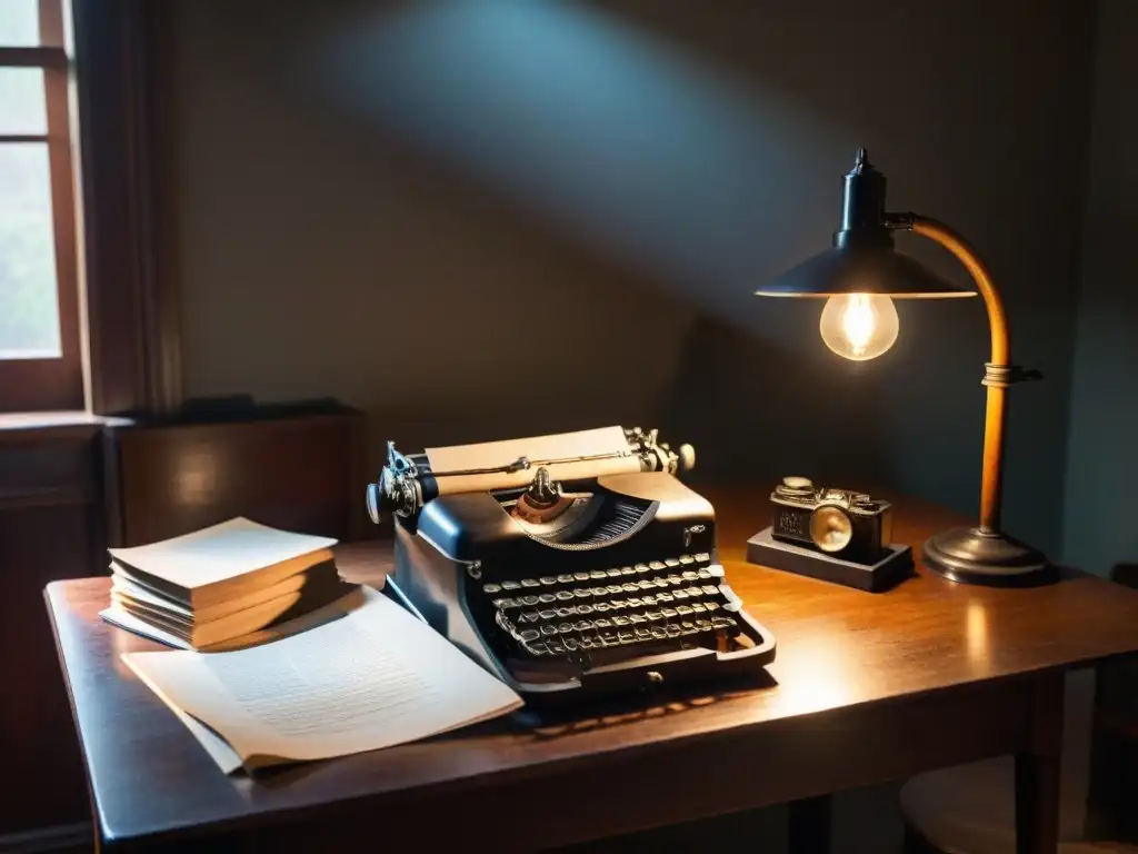 Escena misteriosa de una habitación con documentos antiguos y una máquina de escribir en una mesa de madera iluminada