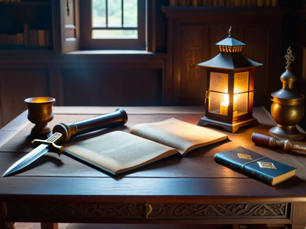 Escena misteriosa de una habitación iluminada tenue con artefactos antiguos en una mesa de madera