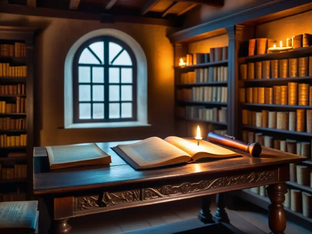 Escena misteriosa en una habitación iluminada por una vela, repleta de manuscritos antiguos y un llavero en la mesa