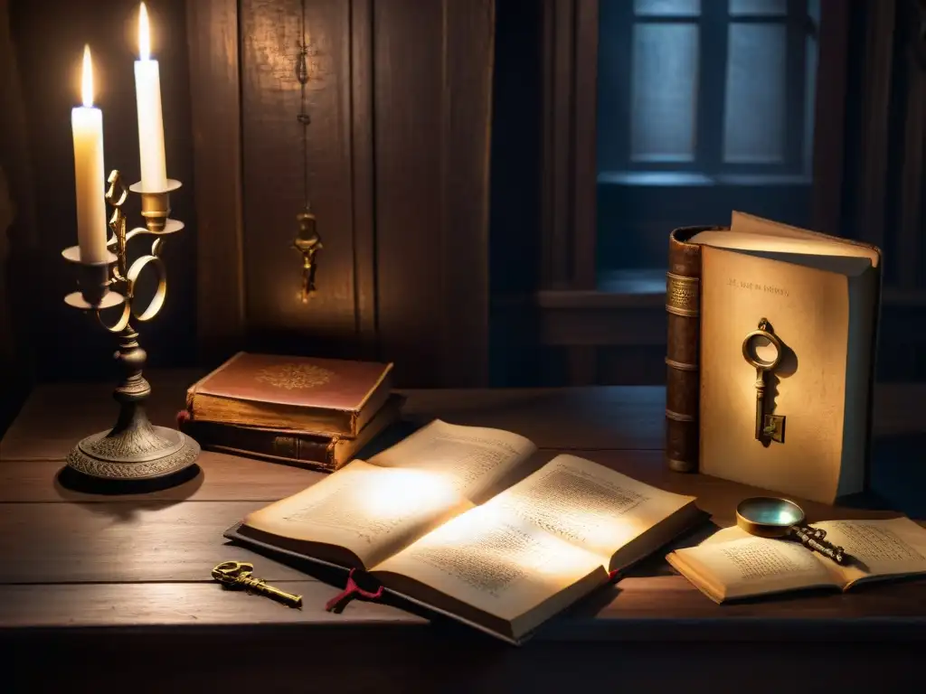 Escena misteriosa de una habitación llena de libros antiguos, iluminada por velas, con un pergamino y llave de plata