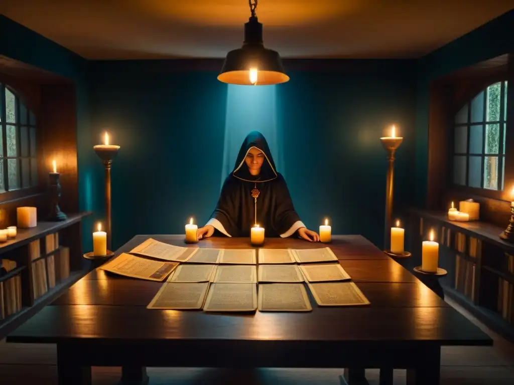 Escena misteriosa en una habitación con manuscritos antiguos, velas y figuras encapuchadas realizando un ritual de Tarot